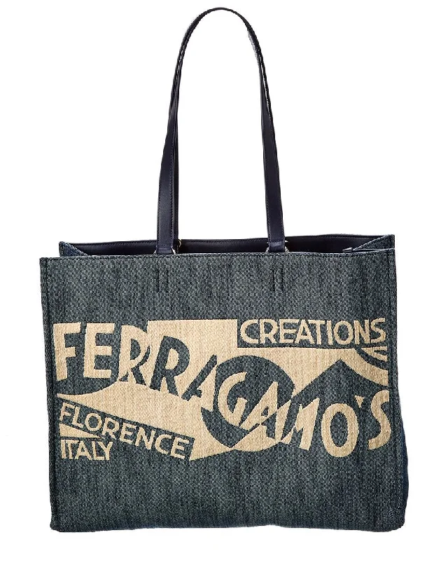 Ferragamo Logo Large Denim & Leather Tote