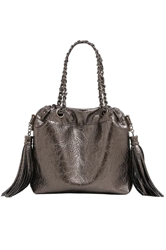 Leather Crinkled Tote Bag With Chain Shoulder Strap