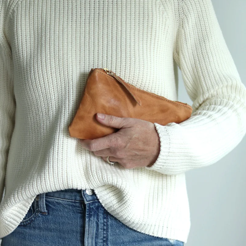 Personalized Leather Zip Clutch - Honey Brown Pull Up