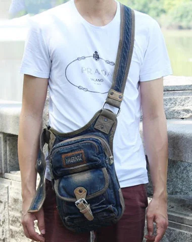 Blue Denim Mens Casual Small Side Bag Vertical Messenger Bags Jean Courier Bag For Men