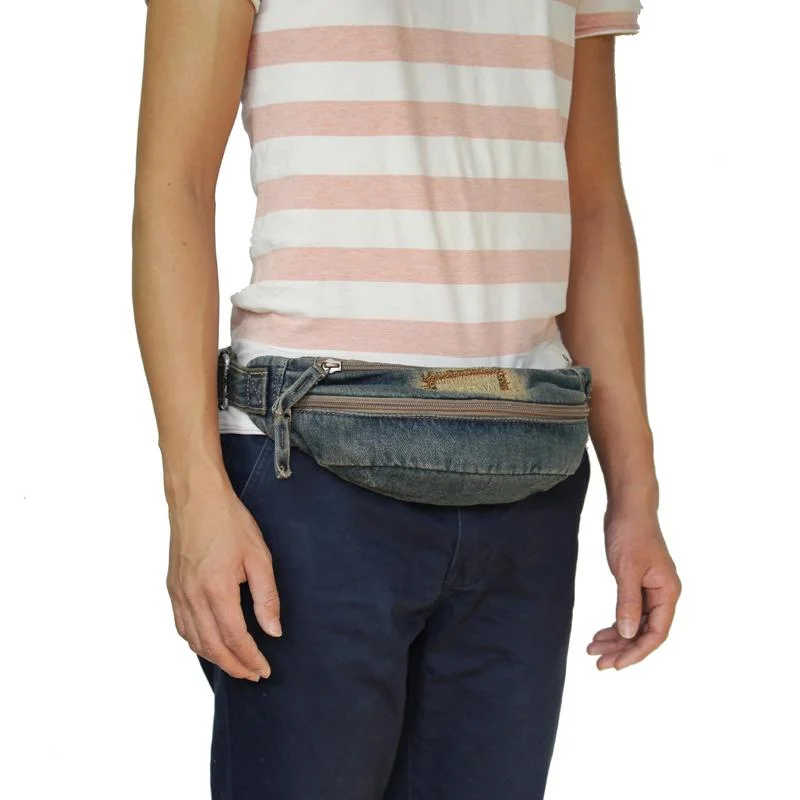 Blue Denim Mens Casual Waist Bag Fanny Pack Blue Jean Hip Bag Bum Bag For Men