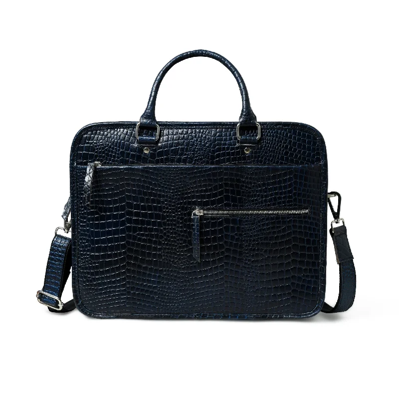 Croco Leather Computer Bag, Navy