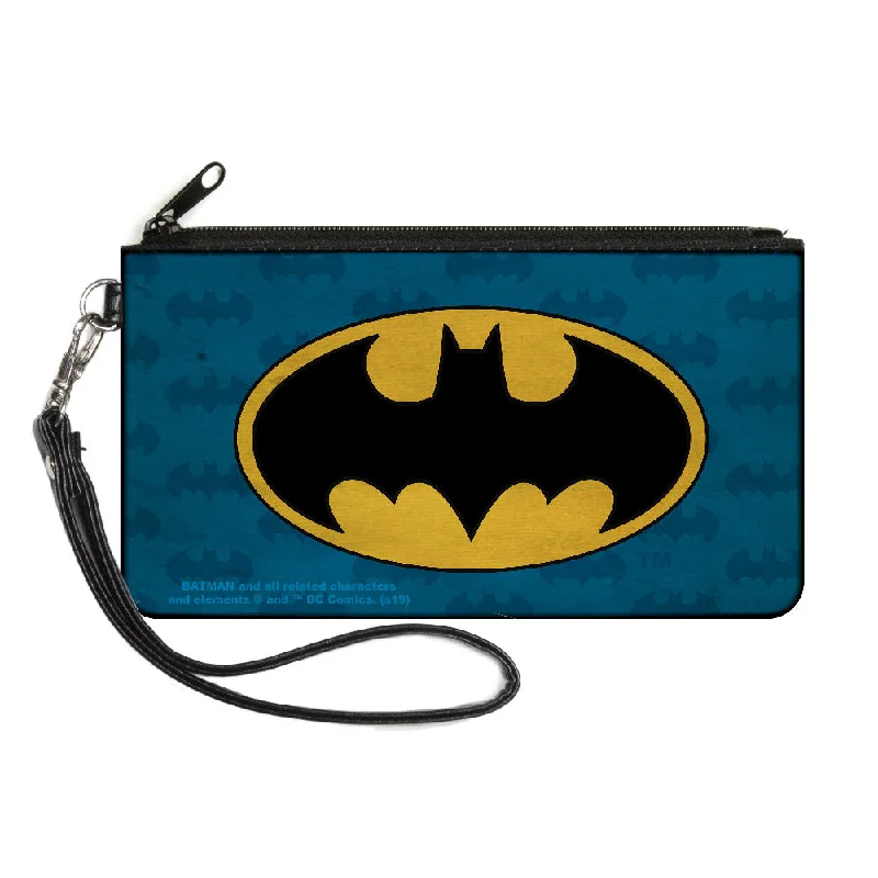 Canvas Zipper Wallet - LARGE - Batman Signal Bat Monogram Distressed Blues Black Yellow