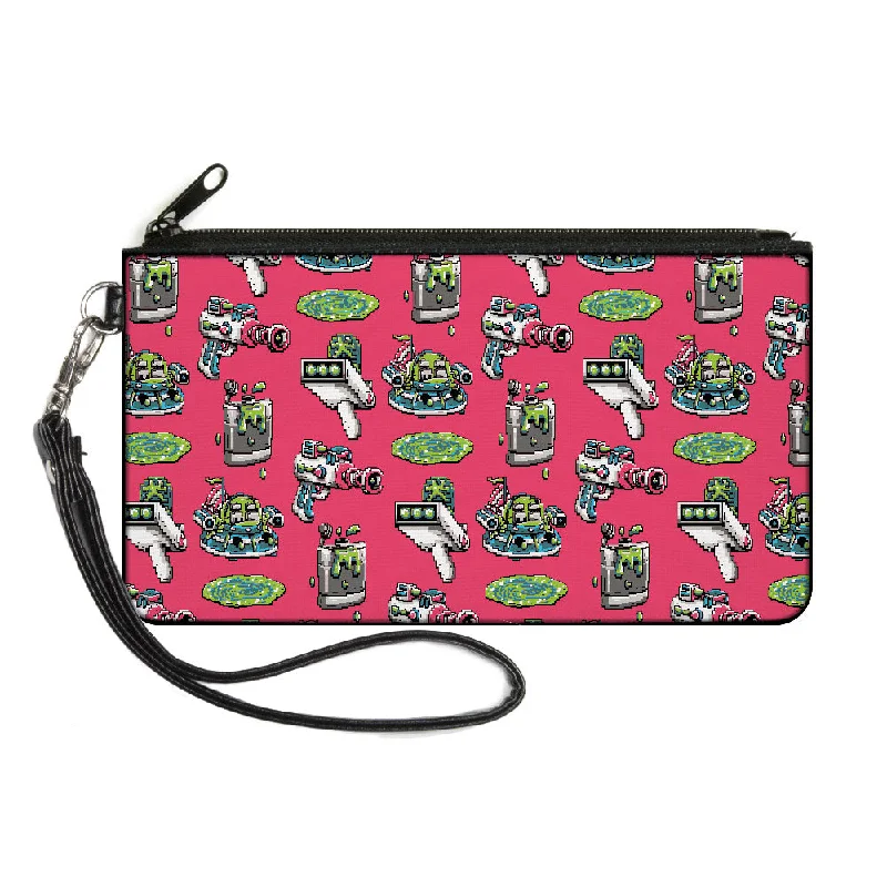 Canvas Zipper Wallet - LARGE - Rick and Morty Pixelverse Icons Scattered Pink