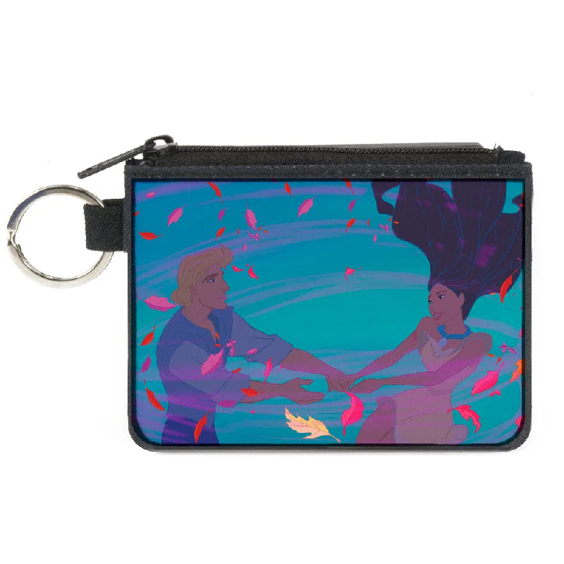 Canvas Zipper Wallet - MINI X-SMALL - Pocahontas & John Smith Colors of the Wind Pose Leaves Blues Pinks