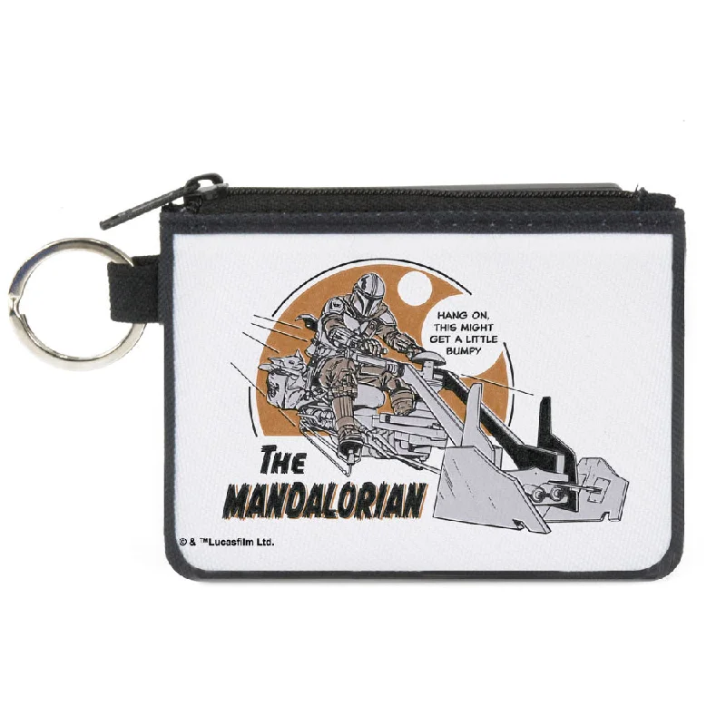 Canvas Zipper Wallet - MINI X-SMALL - Star Wars THE MANDALORIAN Riding Speeder Bike with The Child HANG ON Quote White Grays Browns