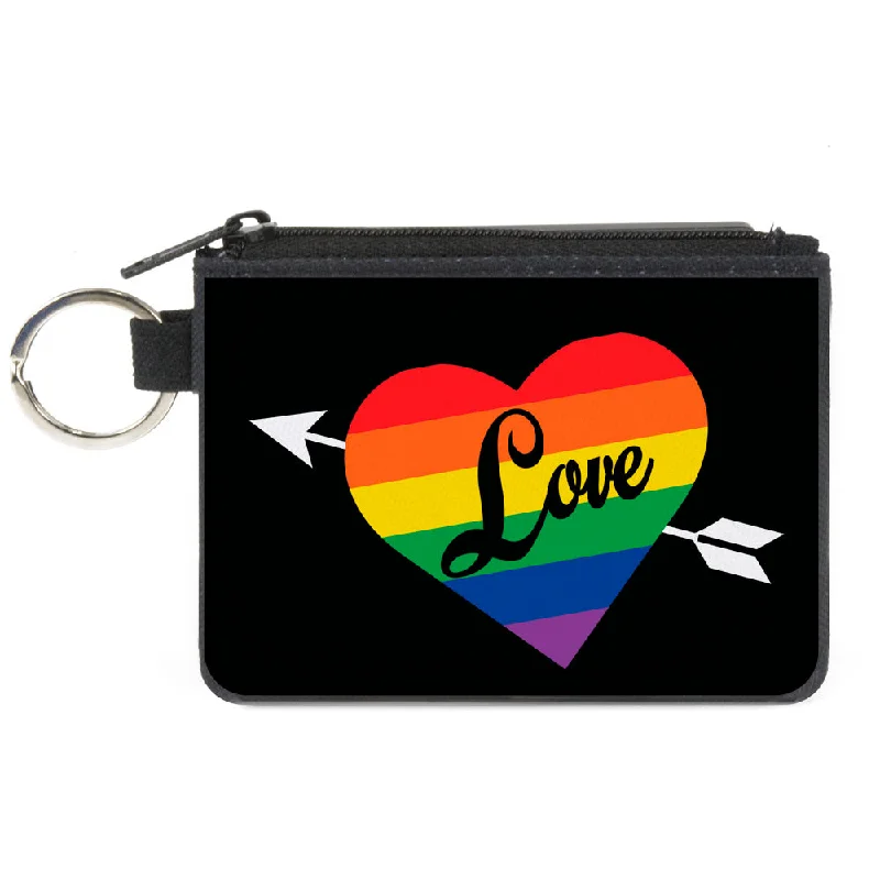 Canvas Zipper Wallet - MINI X-SMALL - LOVE Rainbow Stripe Heart Black Multi Color