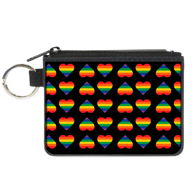 Canvas Zipper Wallet - MINI X-SMALL - Rainbow Hearts Flip Black Multi Color