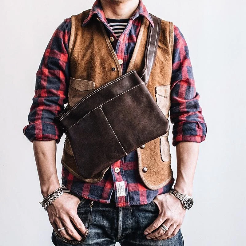 Genuine Leather Mens Cool Small Messenger Bag iPad Bag Chest Bag Bike Bag Cycling Bag for men