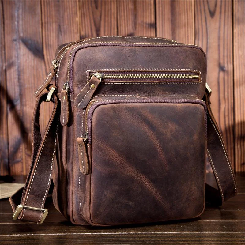 Handmade Leather Mens Cool Small Messenger Bag iPad Bag Chest Bag Bike Bag Cycling Bag for men