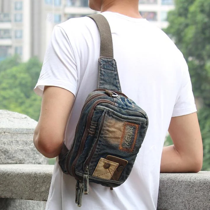 Denim Small Fanny Pack Convertible Small Jean Shoulder Bag Hip Bag Bum Bag For Men