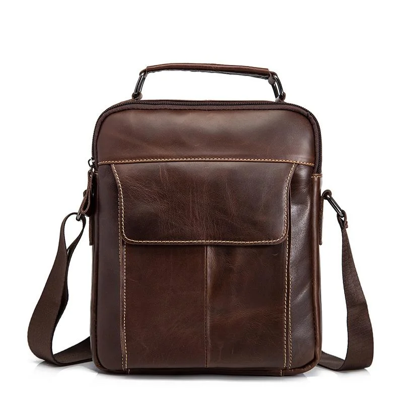 Cool Brown Leather Men's Small Vertical Messenger Bag Brown Small Side Bag For Men