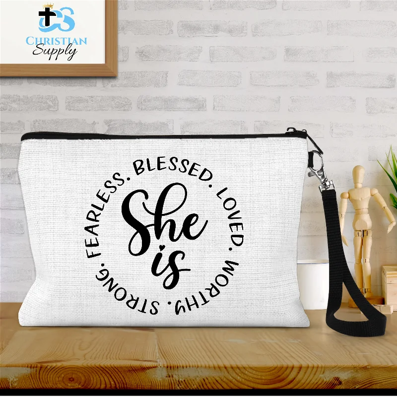 She is Strong Worthy Fearless Blessed Loved Wristlet